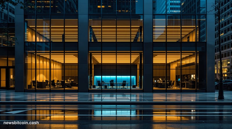 A cinematic photorealistic editorial photograph showing three empty modern tech office spaces viewed through floor-to-ceiling