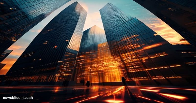 A cinematic photorealistic editorial photograph capturing the clash between traditional banking and cryptocurrency regulation