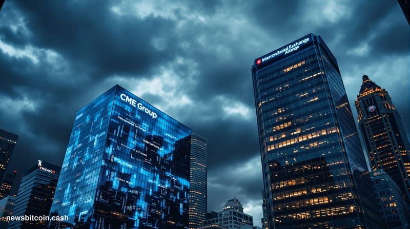 Cinematic photorealistic editorial photograph showing the imposing CME Group headquarters in Chicago's financial district alo