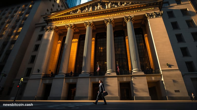 A cinematic photorealistic editorial photograph showing the imposing neoclassical facade of the New York Stock Exchange build