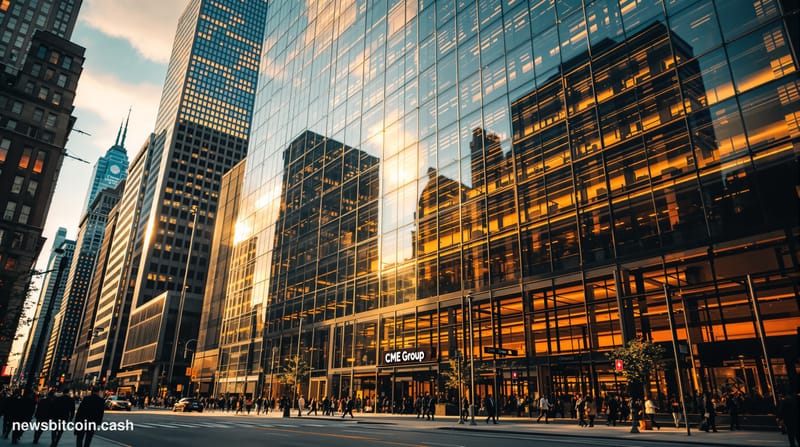 Cinematic photorealistic editorial photograph showing the imposing glass and steel facade of CME Group's headquarters in Chic