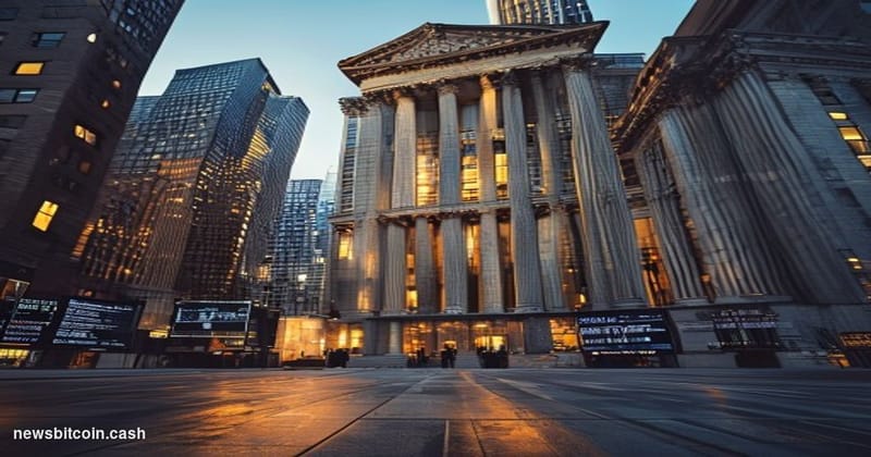 A cinematic photorealistic editorial photograph showing the imposing glass facades of traditional financial institutions in L