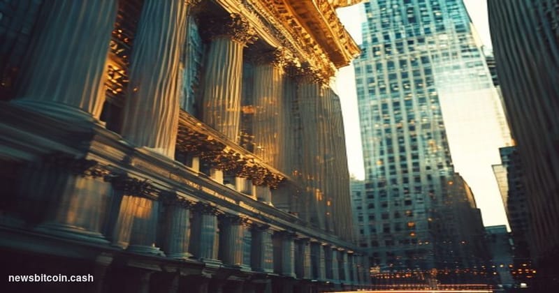 A cinematic photorealistic editorial photograph capturing the collision between traditional and decentralized finance. The sc