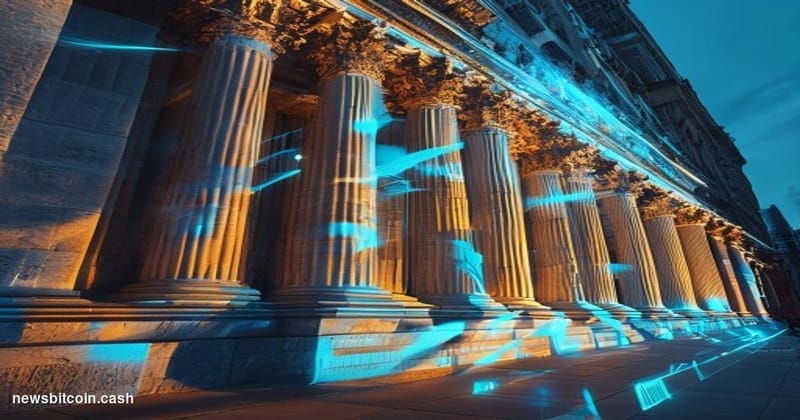 A cinematic photorealistic editorial photograph of the New York Stock Exchange building exterior at dusk, with the iconic neo