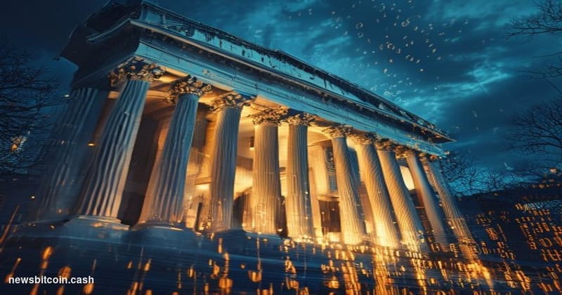 A cinematic photorealistic editorial photograph of the imposing US Treasury Building in Washington DC at dusk, its neoclassic