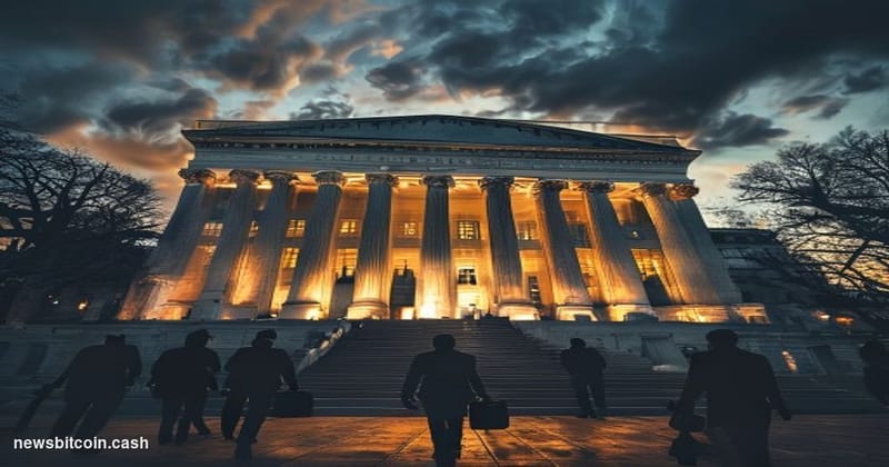 Cinematic photorealistic editorial photograph of the US Treasury Department building in Washington DC at dusk, with dramatic 