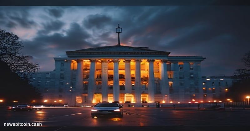 A dramatic cinematic photograph of the imposing US Treasury Building in Washington DC at dusk, with its distinctive neoclassi