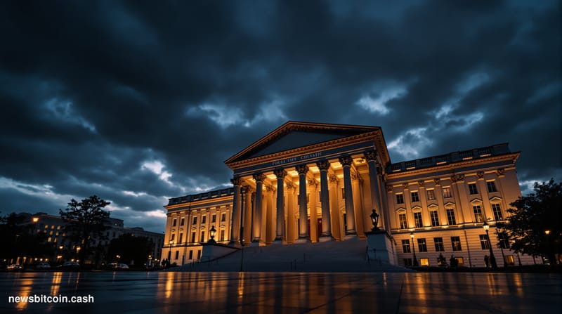 Cinematic photorealistic editorial photograph of the imposing US Treasury Department building in Washington DC at dusk, its n