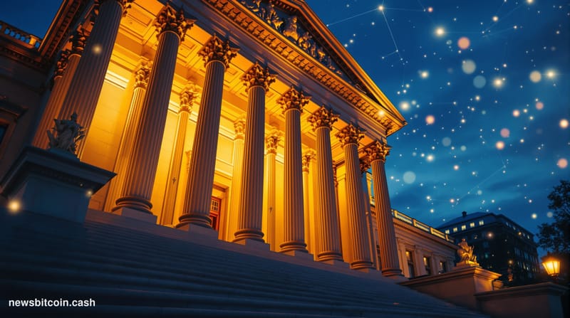 A cinematic photorealistic editorial photograph of the US Treasury Building in Washington DC at dusk, shot from a low angle t