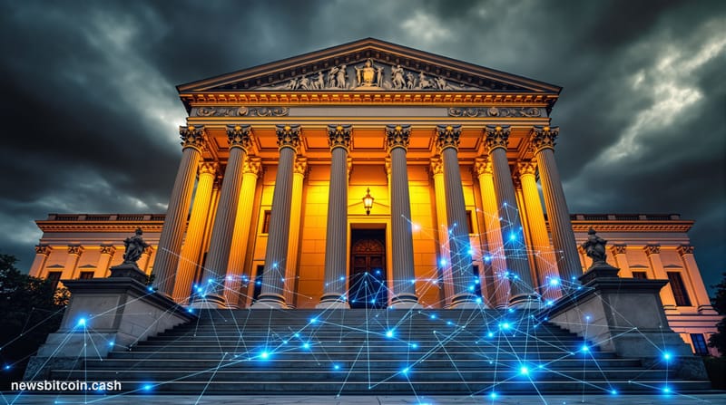 A cinematic photorealistic editorial photograph showing the imposing facade of the U.S. Treasury Building in Washington D.C.,