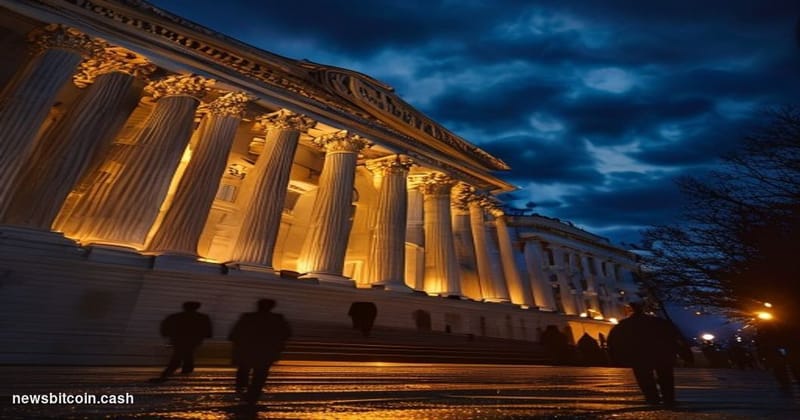 A cinematic photorealistic editorial photograph of the imposing US Treasury Building in Washington DC at dusk, shot from a lo