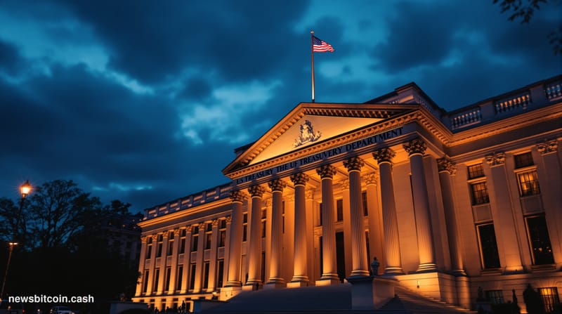 Cinematic photorealistic editorial photograph of the US Treasury Department building in Washington DC at dusk, dramatic archi