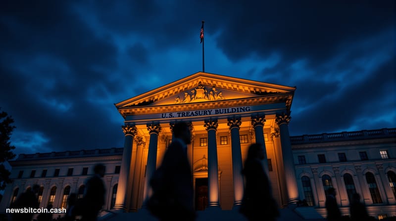 Cinematic photorealistic editorial photograph of the US Treasury Building in Washington DC at dusk, shot from a low angle to 
