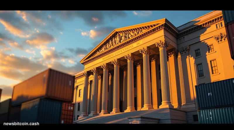 A cinematic photorealistic editorial photograph showing the US Treasury building in Washington DC during golden hour, with dr