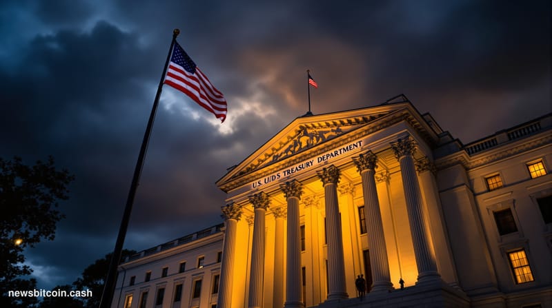 A cinematic photorealistic editorial photograph showing the imposing US Treasury Department building in Washington DC at dusk