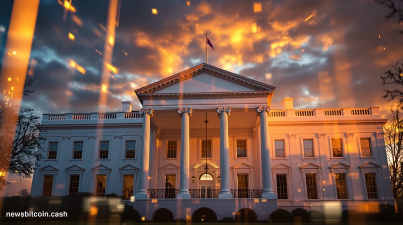 A cinematic photorealistic editorial photograph showing the White House's West Wing exterior at golden hour, with dramatic si