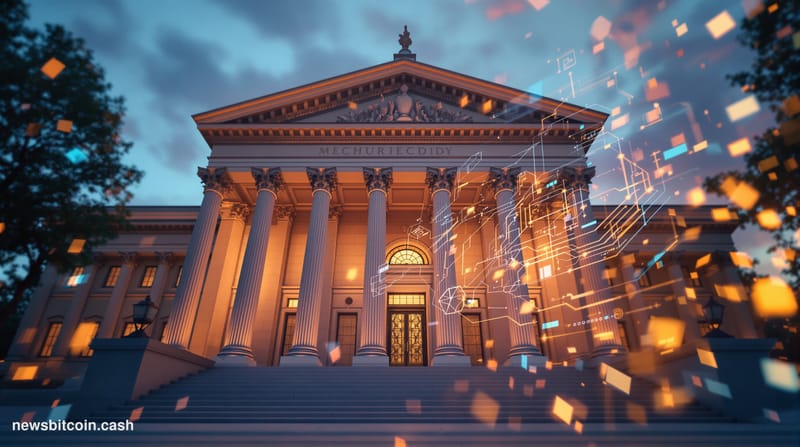 A cinematic photorealistic editorial photograph showing the imposing neoclassical facade of the Federal Reserve building in W
