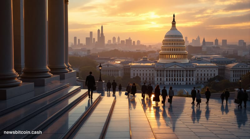 A cinematic photorealistic editorial photograph showing the U.S. Capitol building's iconic dome and neoclassical architecture
