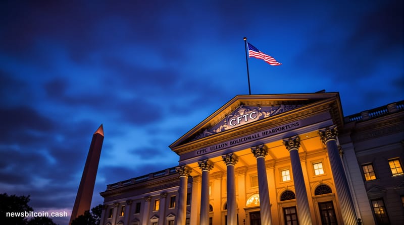 A cinematic photorealistic editorial photograph showing the imposing facade of the CFTC headquarters building in Washington D