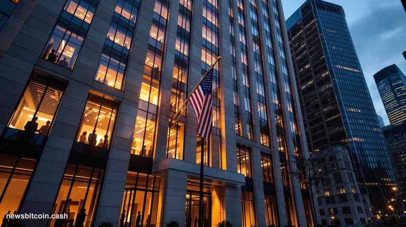 A cinematic photorealistic editorial photograph of the imposing facade of a major Wall Street bank headquarters at dusk, with