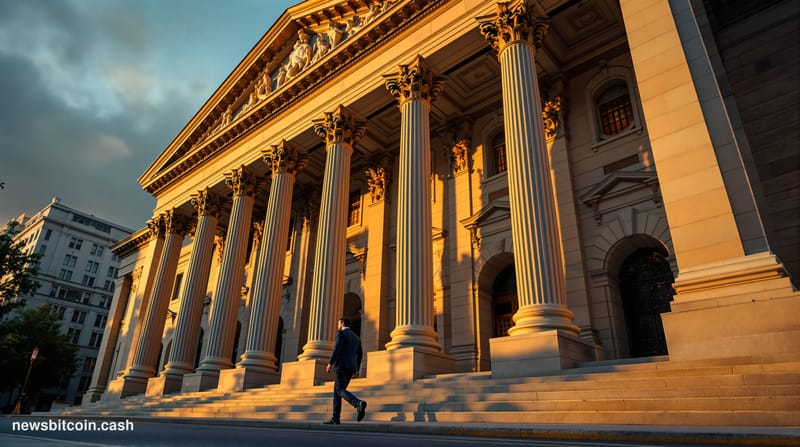 A cinematic photorealistic editorial photograph of the Federal Reserve building's imposing neoclassical facade in Washington 