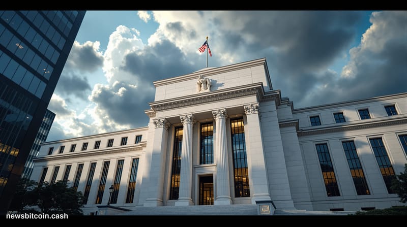 A dramatic cinematic photorealistic editorial photograph showing the imposing neoclassical architecture of the Federal Reserv