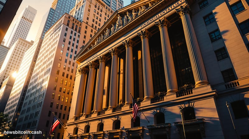 A cinematic photorealistic editorial photograph showing the imposing facade of a major financial institution or trust company