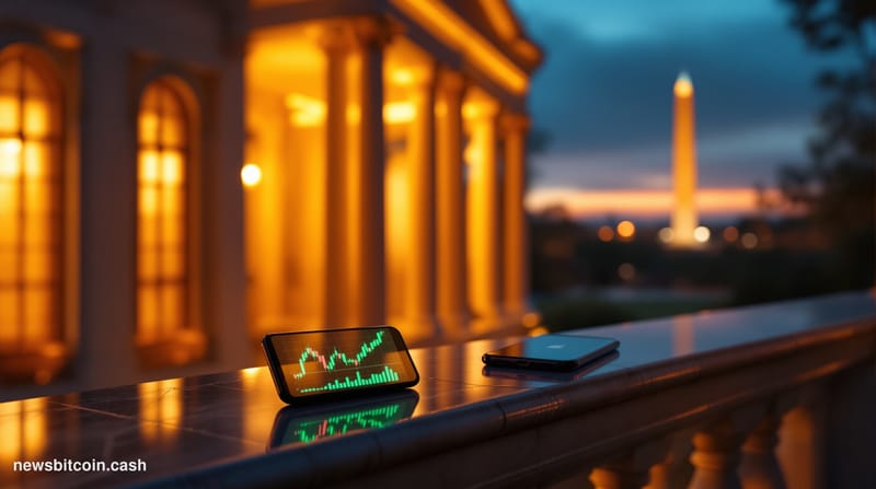 A cinematic photorealistic editorial photograph showing the White House's South Lawn and Oval Office windows illuminated in w