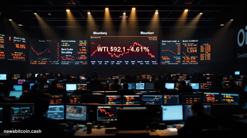 Cinematic photorealistic editorial photograph of oil trading floor during market volatility, shot from elevated angle showing