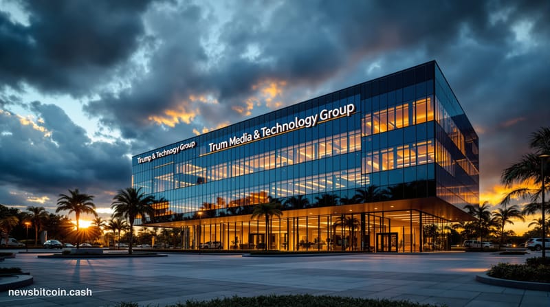 A cinematic photorealistic editorial photograph showing the Trump Media & Technology Group headquarters building in Sarasota,