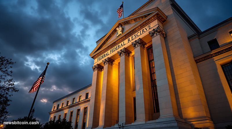 Cinematic photorealistic editorial photograph of the Federal Reserve building in Washington D.C., captured from a low angle d