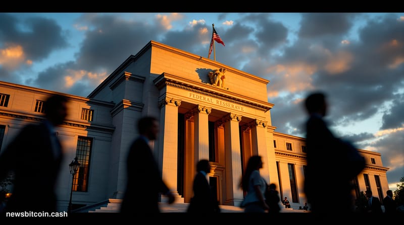 A dramatic photorealistic editorial photograph of the Federal Reserve building in Washington D.C., shot during golden hour wi