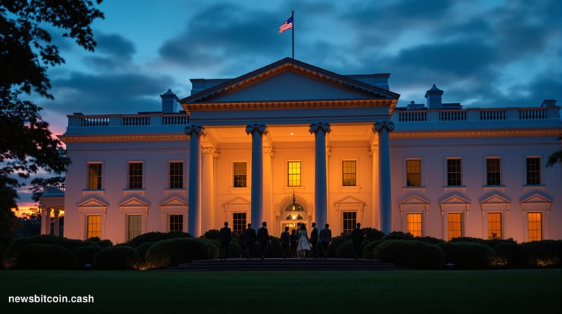 A cinematic photorealistic editorial photograph of the White House South Portico at dusk, shot from the South Lawn with drama