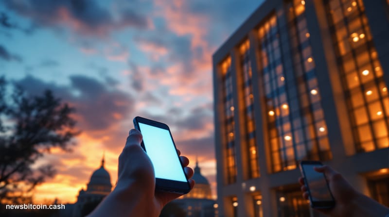 A cinematic photorealistic editorial photograph showing the imposing SEC headquarters building in Washington D.C. at dusk, wi