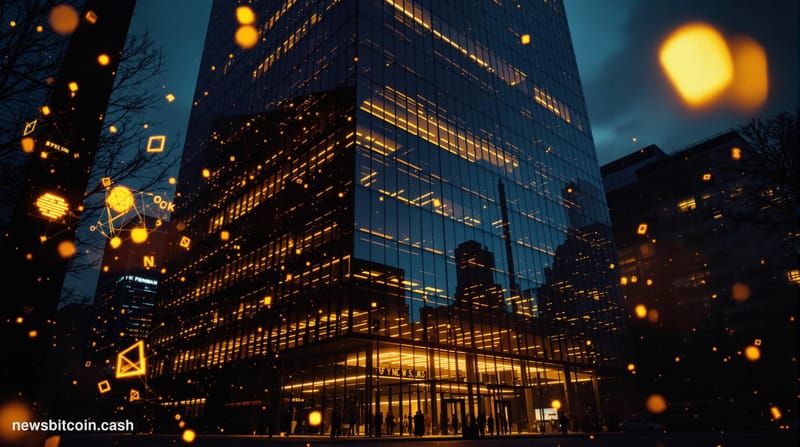 A cinematic photorealistic editorial photograph showing a modern fintech office building at dusk with warm lights glowing fro