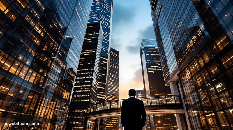 A cinematic photorealistic editorial photograph showing a modern financial district at twilight with tall glass office buildi