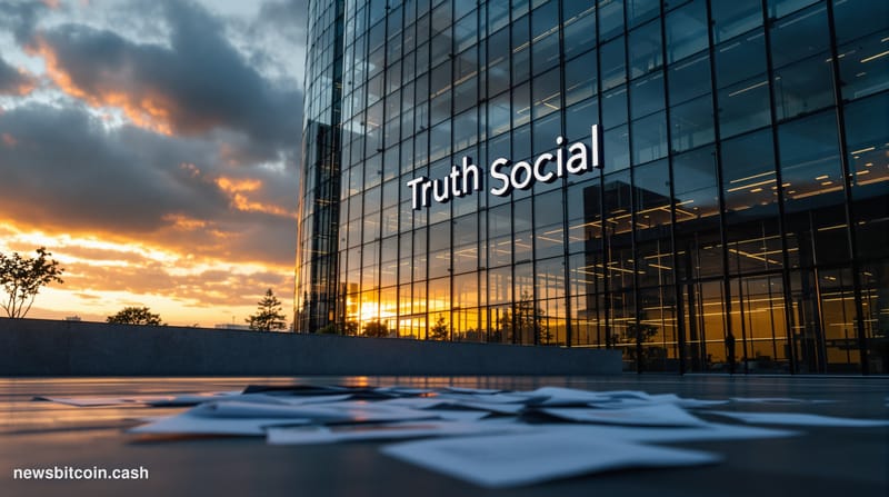 A cinematic photorealistic editorial photograph showing the Truth Social corporate headquarters building exterior during gold