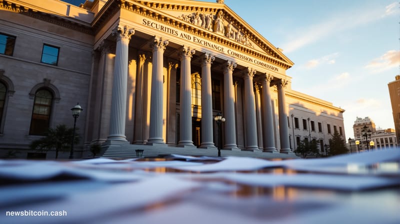 A cinematic photorealistic editorial photograph showing the imposing marble facade of the Securities and Exchange Commission 