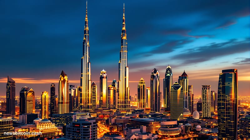 Cinematic photorealistic editorial photograph of Dubai's financial district skyline at golden hour, featuring the iconic Burj