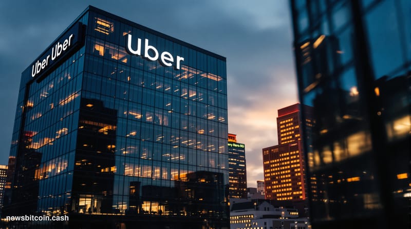Cinematic photorealistic editorial photograph showing Uber's San Francisco headquarters building in the foreground with its d