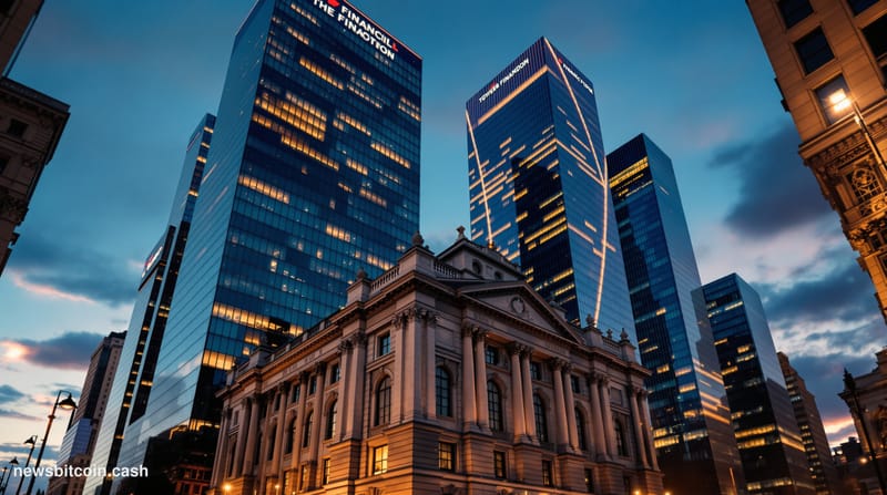 A cinematic photorealistic editorial photograph of London's financial district at dusk, featuring the iconic glass towers of 