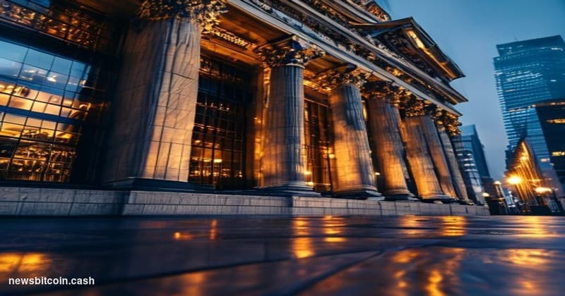 Cinematic photorealistic editorial photograph of the Bank of England's iconic neoclassical facade in London's financial distr