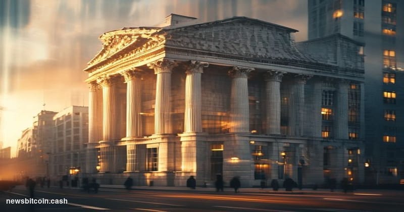A cinematic photorealistic editorial photograph of the Bank of England's iconic neoclassical building in London's financial d