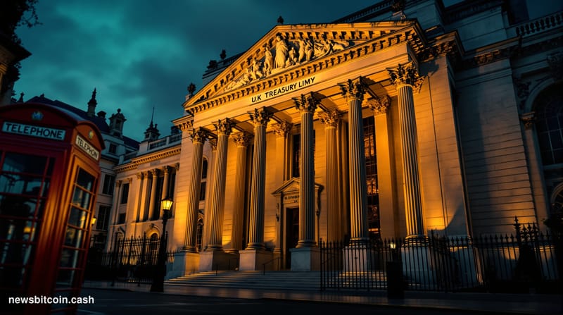 A cinematic photorealistic editorial photograph showing the imposing facade of the UK Treasury building in Westminster, Londo