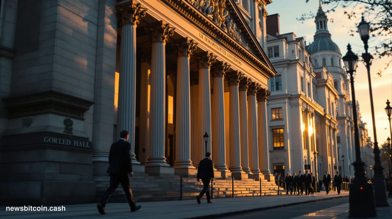 A cinematic photorealistic editorial photograph of the imposing UK government buildings in Whitehall, London, with the distin