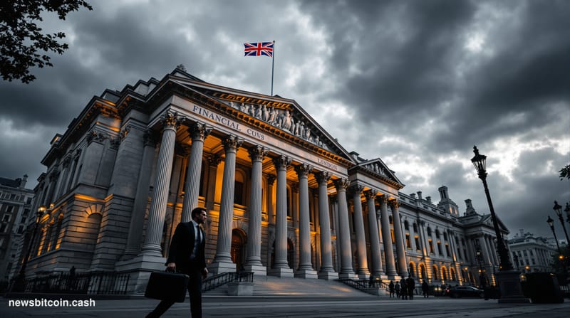 A cinematic photorealistic editorial photograph showing the imposing facade of the UK Treasury building in Whitehall, London,