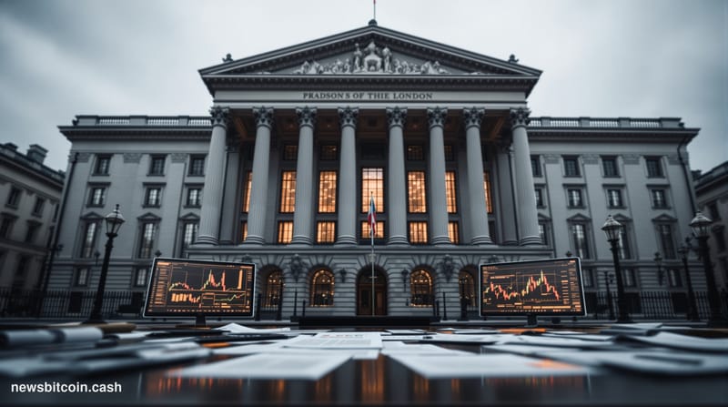 A dramatic photorealistic editorial photograph showing the imposing facade of the UK Treasury building in Westminster, London