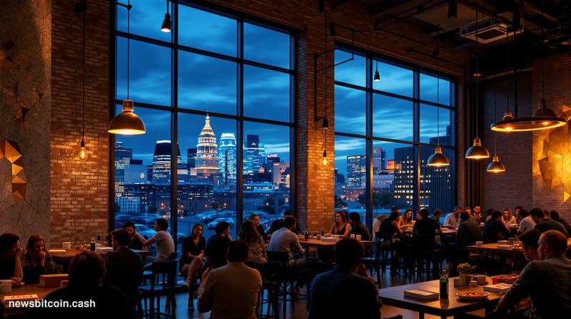 Cinematic photorealistic editorial photograph of a modern Bitcoin-themed community space during evening hours, featuring the 