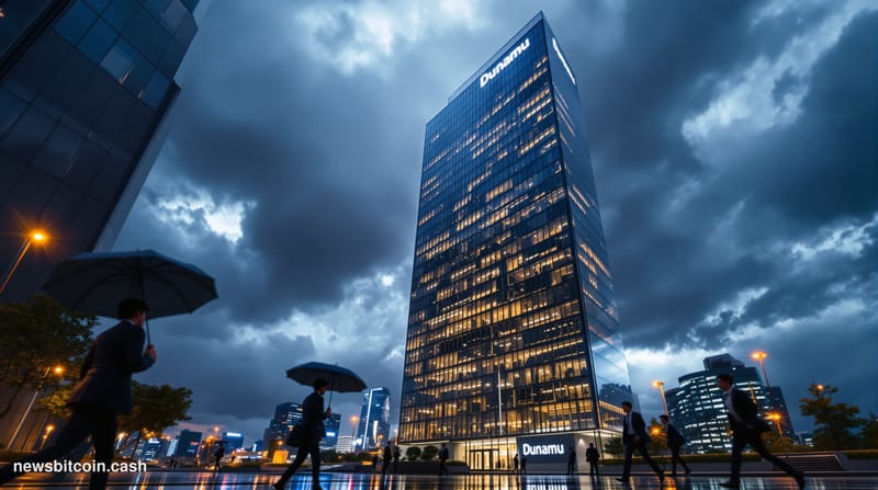 A cinematic photorealistic editorial photograph of a modern glass office tower in Seoul's Gangnam district at dusk, with dram