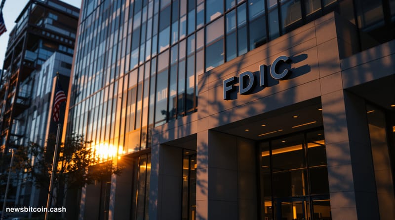 A cinematic photorealistic editorial photograph of the FDIC headquarters building in Washington D.C., shot during golden hour